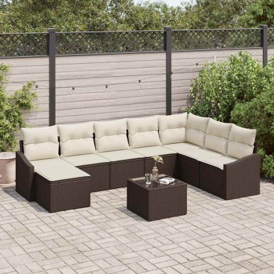 Conjunto de sofá de jardín 9 pcs Marrón Poliratán
