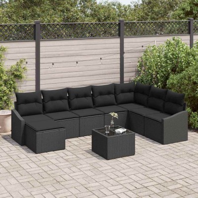 Conjunto de sofá de jardín 9 pcs Negro Poliratán