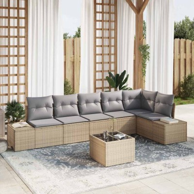 Conjunto de sofá de jardín 7 pcs beige y gris Poliratán