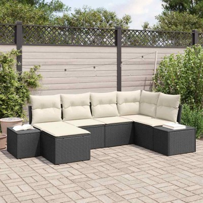 Conjunto de sofá de jardín 6 pcs Negro y crema Poliratán