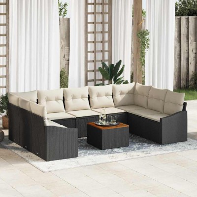 Conjunto de sofá de jardín con cojín 10 pcs Negro Poliratán