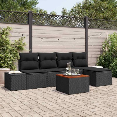 Conjunto de sofá de jardín con cojín 6 pcs Negro Poliratán