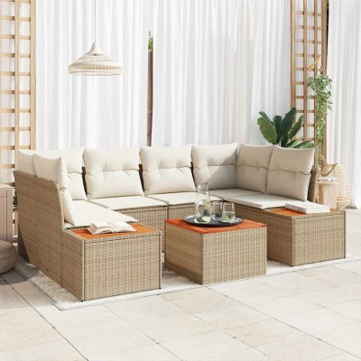 Conjunto de sofá de jardín con cojín 7 pcs Beige Poliratán