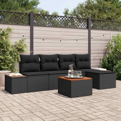 Conjunto de sofá de jardín con cojín 6 pcs Negro Poliratán