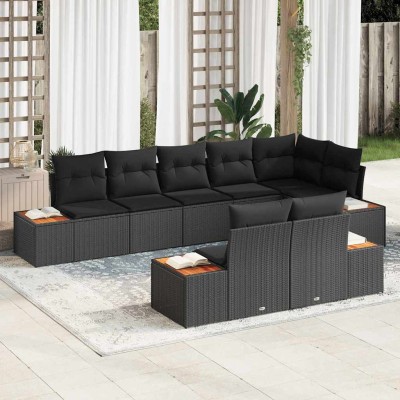 Conjunto de sofá de jardín con cojín 8 pcs Negro Poliratán