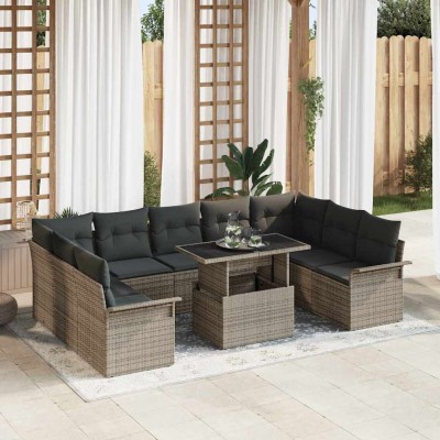 Conjunto de sofá de jardín con cojín 10 pcs Gris Poliratán