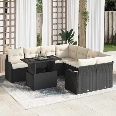 Conjunto de sofá de jardín con cojín 9 pcs Negro Poliratán