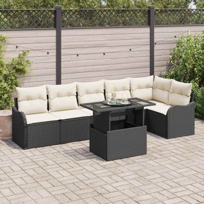 Conjunto de sofá de jardín con cojín 7 pcs Negro Poliratán