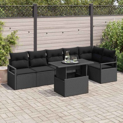 Conjunto de sofá de jardín con cojín 7 pcs Negro Poliratán
