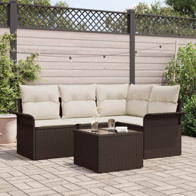 Conjunto de sofá de jardín con cojín 5 pcs Marrón Poliratán
