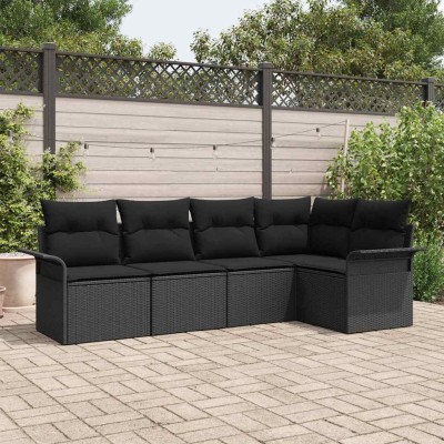 Conjunto de sofá de jardín con cojín 5 pcs Negro Poliratán