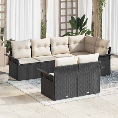 Conjunto de sofá de jardín con cojín 7 pcs Negro Poliratán