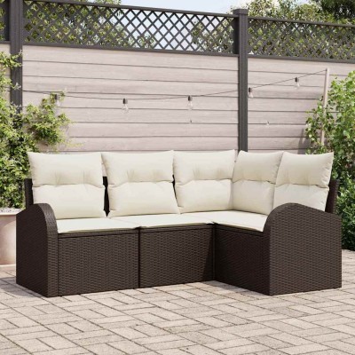 Conjunto de sofá de jardín 4 pcs Marrón y blanco Poliratán