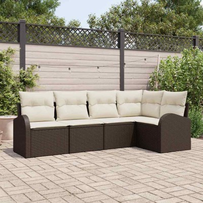 Conjunto de sofá de jardín 5 pcs Marrón y blanco Poliratán