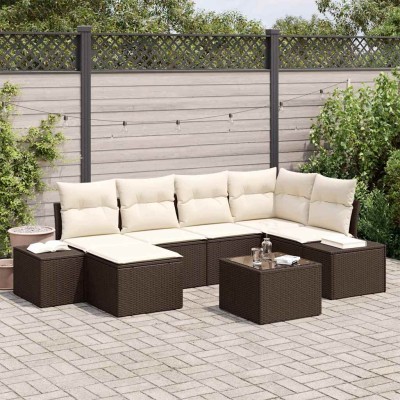 Conjunto de sofá de jardín con cojín 7 pcs Marrón y crema