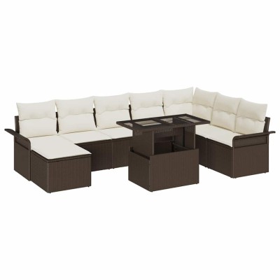 Conjunto de sofá de jardín con cojín 9 pcs Marrón y crema
