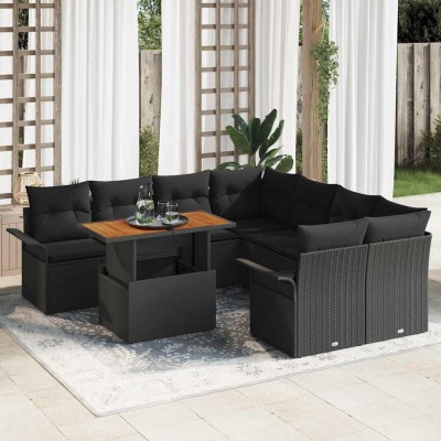 Conjunto de sofá de jardín 9 pcs Negro Poliratán