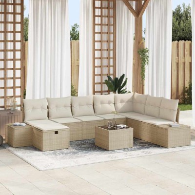 Conjunto de sofá de jardín con cojín 9 pcs Beige Poliratán