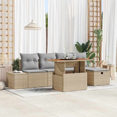 Conjunto de sofá de jardín con cojín 6 pcs Beige Poliratán