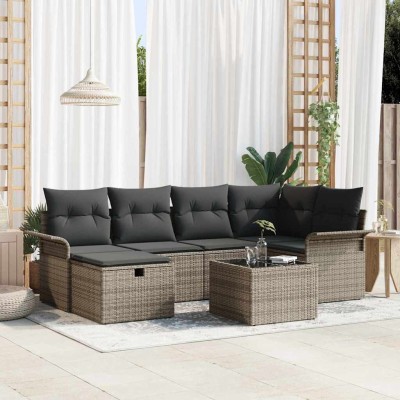 Conjunto de sofá de jardín con cojín 7 pcs Gris Poliratán