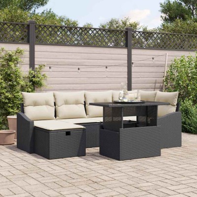 Conjunto de sofá de jardín 7 pcs Negro ratán sintético