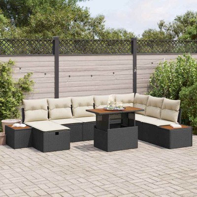 Conjunto de sofá de jardín 9 pcs Negro ratán sintético