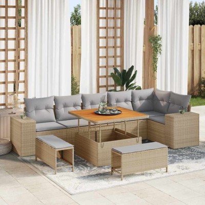 Conjunto de sofá de jardín 9 pcs Beige ratán sintético