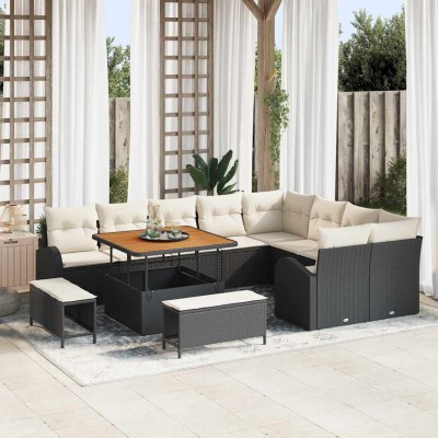 Conjunto de sofá de jardín con cojín 12 pcs Negro Poliratán