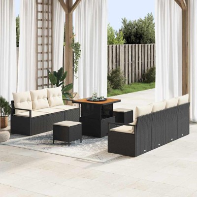 Conjunto de sofá de jardín con cojín 10 pcs Negro Poliratán
