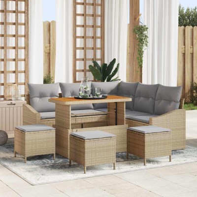 Conjunto de sofá de jardín con cojín 9 pcs Beige Poliratán