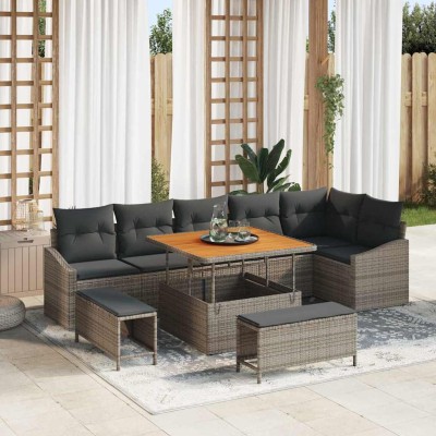 Conjunto de sofá de jardín con cojín 9 pcs Gris Poliratán