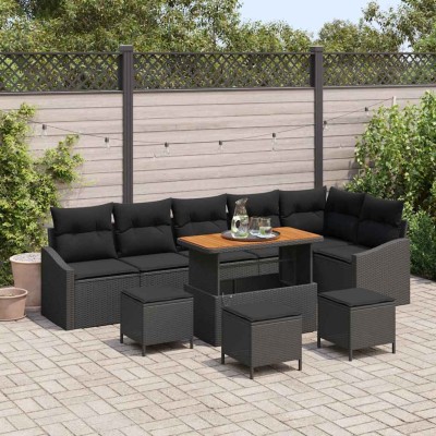 Conjunto de sofá de jardín con cojín 10 pcs Negro Poliratán