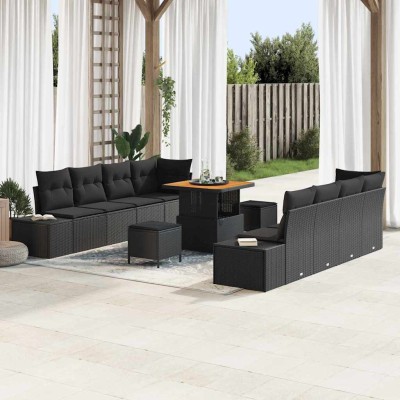 Conjunto de sofá de jardín con cojín 11 pcs Negro Poliratán