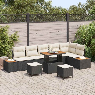Conjunto de sofá de jardín con cojín 9 pcs Negro Poliratán