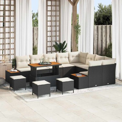 Conjunto de sofá de jardín con cojín 13 pcs Negro Poliratán