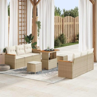 Conjunto de sofá de jardín con cojín 9 pcs Beige Poliratán