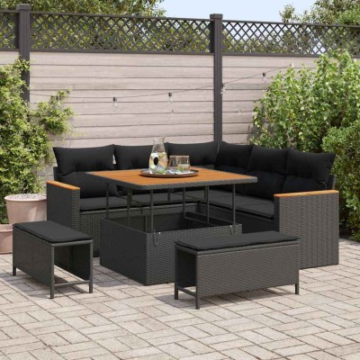 Conjunto de sofá de jardín con cojín 8 pcs Negro Poliratán
