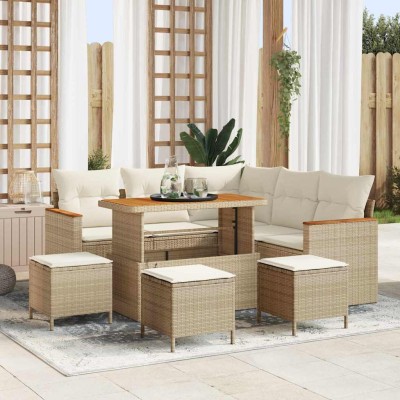 Conjunto de sofá de jardín con cojín 9 pcs Beige Poliratán