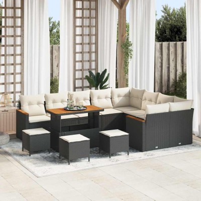 Conjunto de sofá de jardín con cojín 13 pcs Negro Poliratán