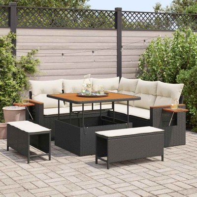 Conjunto de sofá de jardín con cojín 8 pcs Negro Poliratán