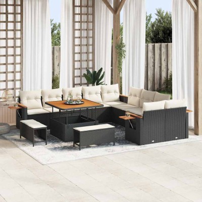 Conjunto de sofá de jardín con cojín 13 pcs Negro Poliratán