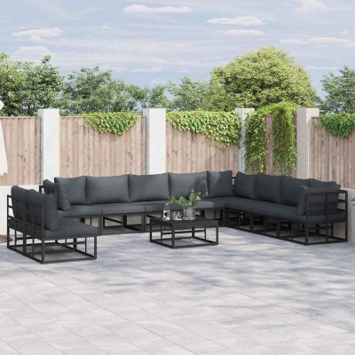 Conjunto de sofá de jardín con cojín 10 pcs Negro Aluminio