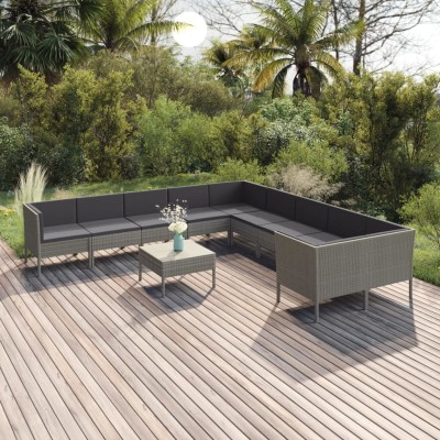 Set de muebles de jardín 11 pzas y cojines ratán sintético gris