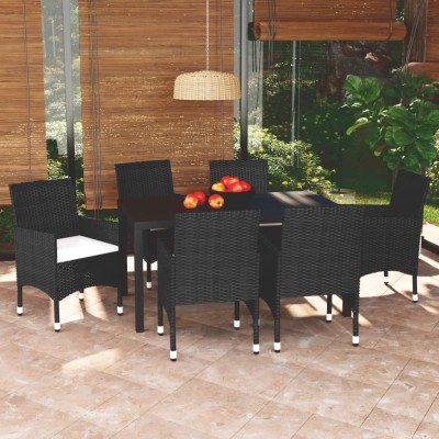 Set de comedor de jardín 7 pzas y cojines ratán sintético negro