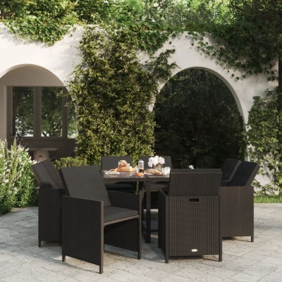 Set de comedor de jardín 9 pzas y cojines ratán sintético negro
