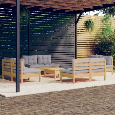 Juego de muebles de jardín 9 pzas y cojines madera pino gris
