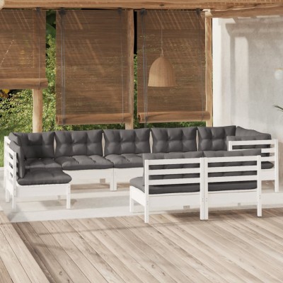 Muebles de jardín 9 pzas y cojines blanco madera maciza de pino