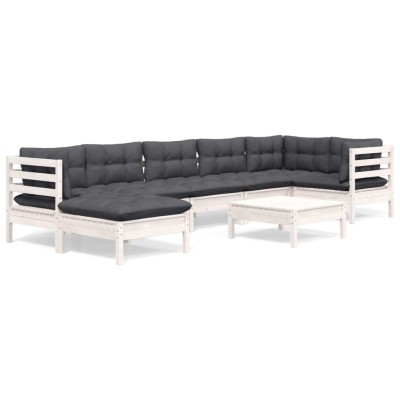 Muebles de jardín 8 pzas y cojines blanco madera maciza de pino