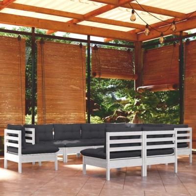 Muebles de jardín 9 pzas y cojines blanco madera maciza de pino