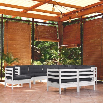 Muebles de jardín 9 pzas y cojines blanco madera maciza de pino